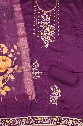 Women's purple unstitched embroiderd jaam sattin cottn dress material 
