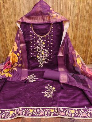 Women's purple unstitched embroiderd jaam sattin cottn dress material  3
