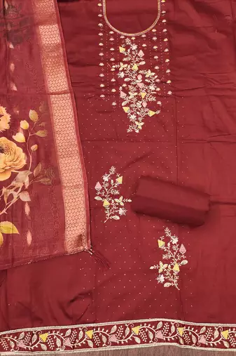 Women's maroon embroiderd jaam sattin cottn dress material