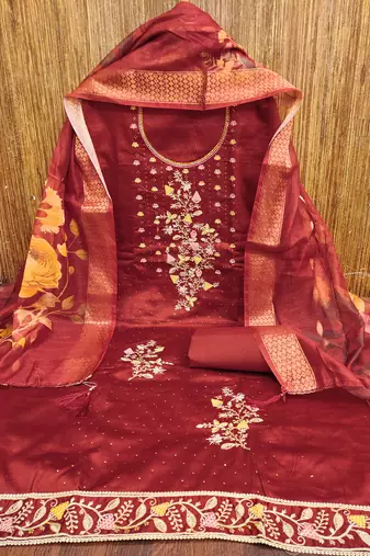 Women's maroon embroiderd jaam sattin cottn dress material