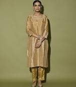 Gold plain tissue kurta with neckline embroidered and pant