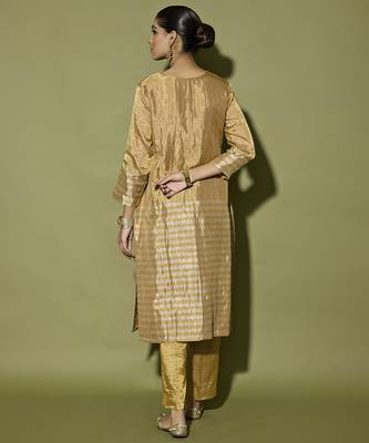 Gold plain tissue kurta with neckline embroidered and pant 2