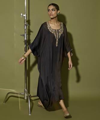 Black plain satin kaftan with pant 1