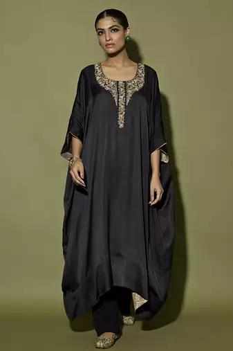 Black plain satin kaftan with pant