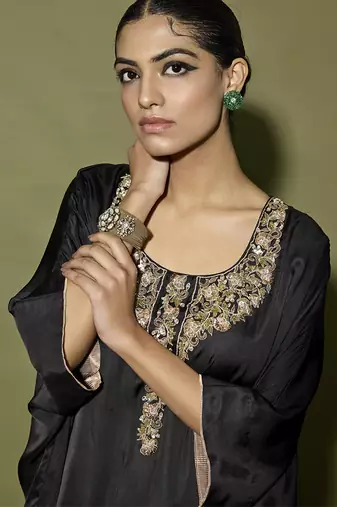 Black plain satin kaftan with pant