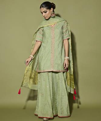 Green embroidered tissue sharara set 1