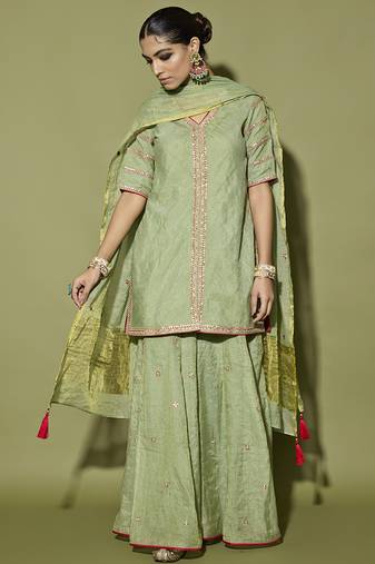 Green embroidered tissue sharara set
