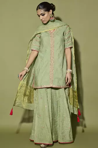 Green embroidered tissue sharara set