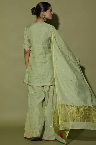 Green embroidered tissue sharara set