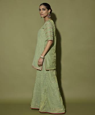 Green embroidered tissue sharara set 3