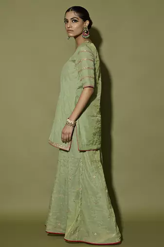 Green embroidered tissue sharara set