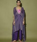 Purple plain tissue kaftan set withneck line embroidered