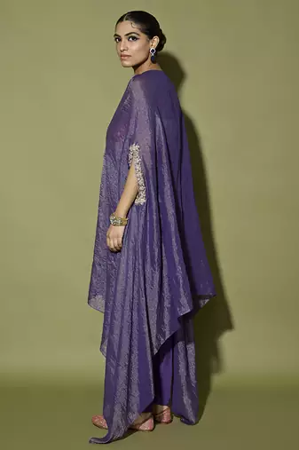 Purple plain tissue kaftan set withneck line embroidered