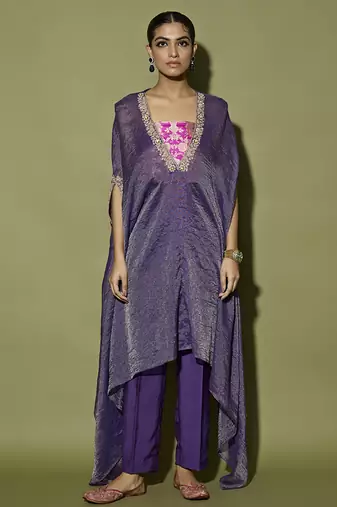 Purple plain tissue kaftan set withneck line embroidered