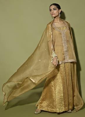 Brown embroidered satin sharara set 1