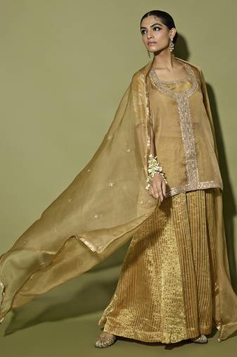 Brown embroidered satin sharara set