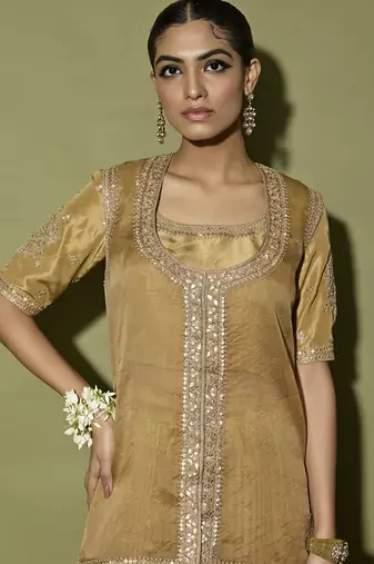 Brown embroidered satin sharara set