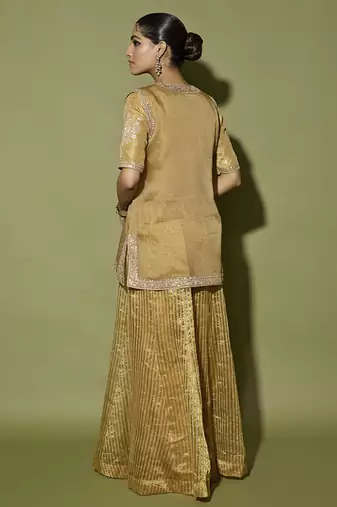 Brown embroidered satin sharara set