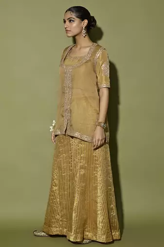 Brown embroidered satin sharara set