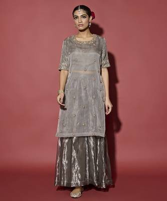 Silver embroidered tissue sharara set 1