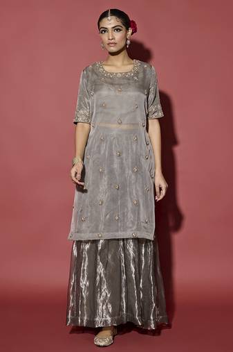 Silver embroidered tissue sharara set