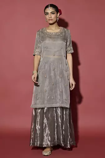 Silver embroidered tissue sharara set