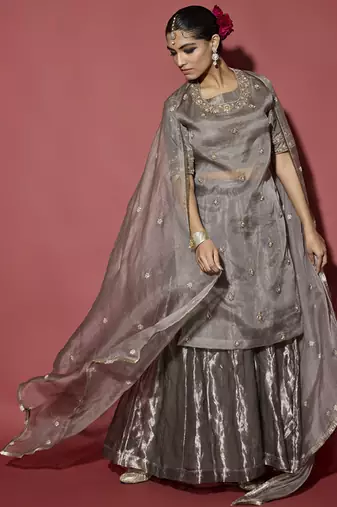 Silver embroidered tissue sharara set