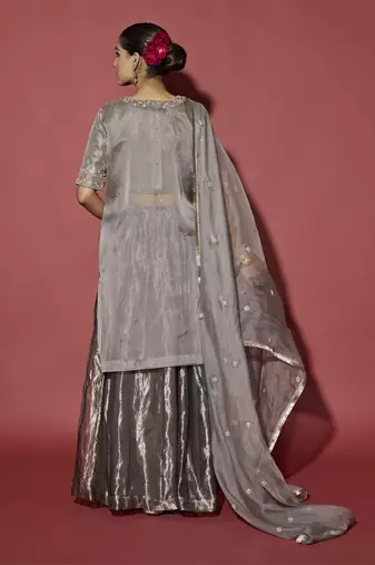 Silver embroidered tissue sharara set