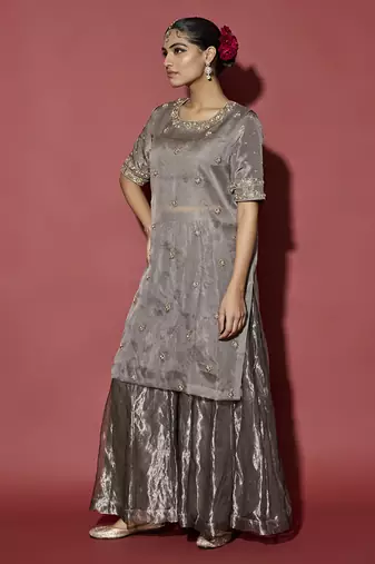 Silver embroidered tissue sharara set