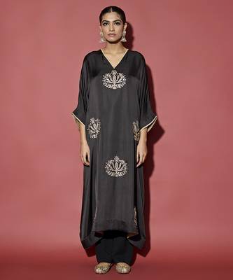 Black embroidered satin kaftan with pant 1