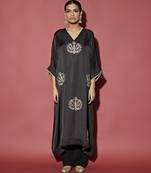 Black embroidered satin kaftan with pant