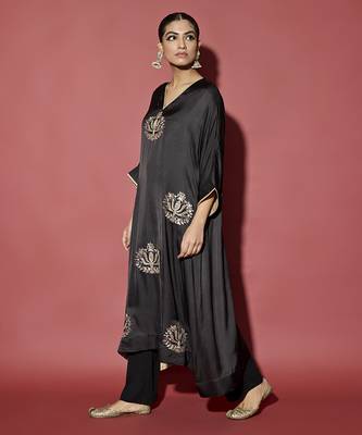 Black embroidered satin kaftan with pant 2