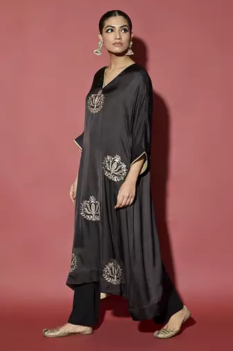 Black embroidered satin kaftan with pant