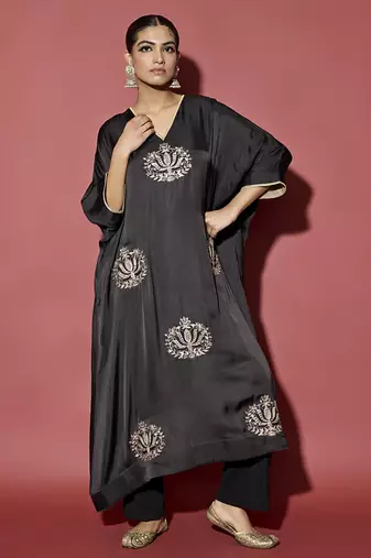 Black embroidered satin kaftan with pant