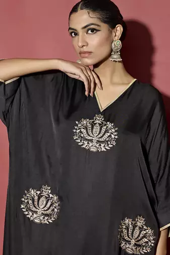 Black embroidered satin kaftan with pant