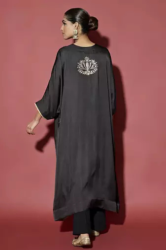 Black embroidered satin kaftan with pant