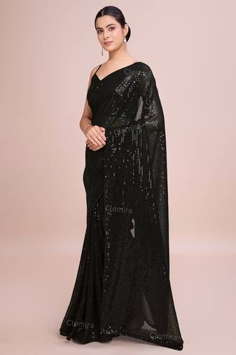 Embellished black color  bollywood georgette saree with unstiched blouse