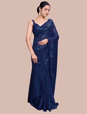 Embellished blue color  bollywood georgette saree with unstiched blouse 1