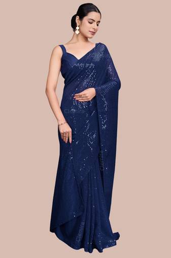 Embellished blue color  bollywood georgette saree with unstiched blouse