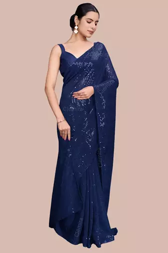 Embellished blue color  bollywood georgette saree with unstiched blouse