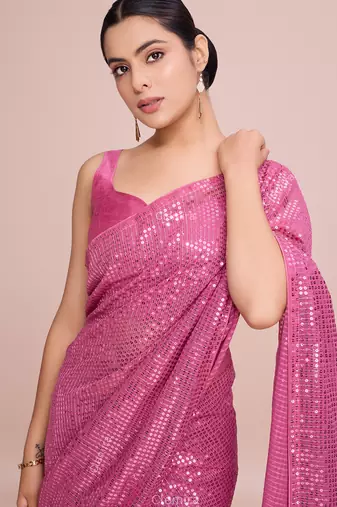 Embellished pink color  bollywood georgette saree with unstiched blouse