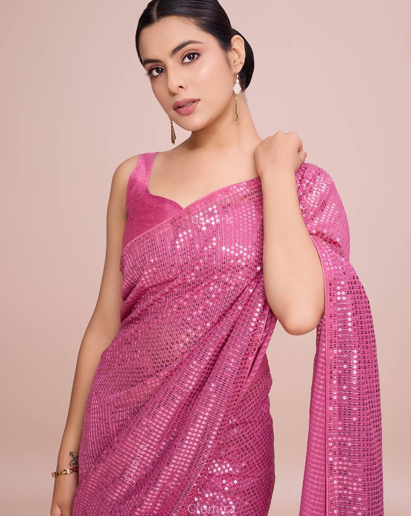 Embellished pink color  bollywood georgette saree with unstiched blouse