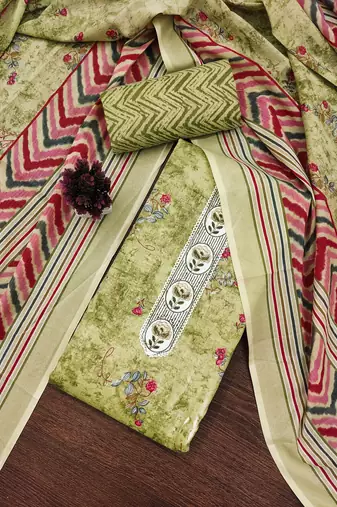 Women's green unstitched embroiderd cotton dress material 