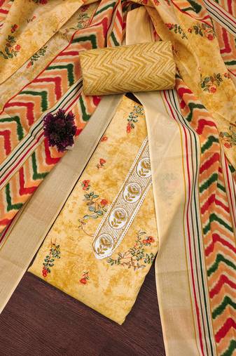 Women's beige unstitched embroiderd cotton dress material 