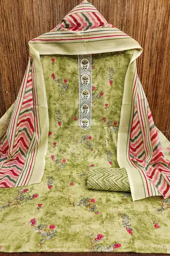 Women's green embroiderd cotton dress material