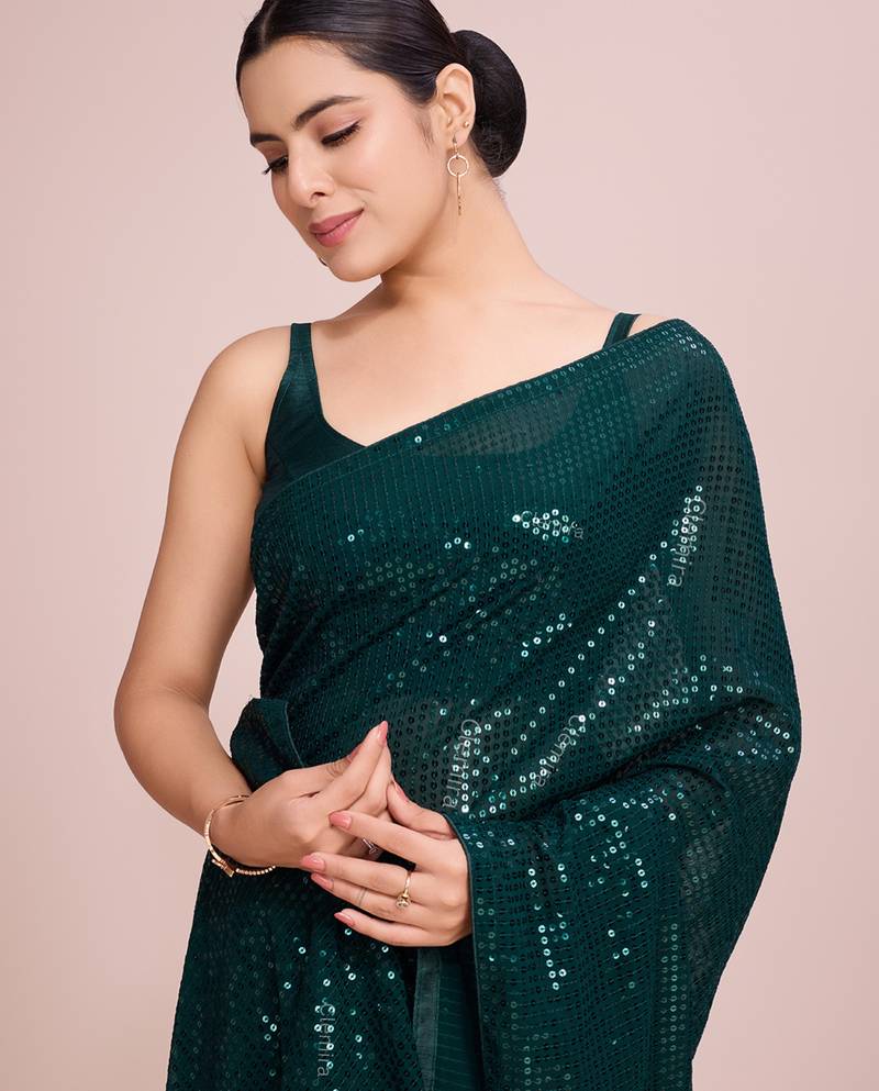 Embellished green color  bollywood georgette saree with unstiched blouse
