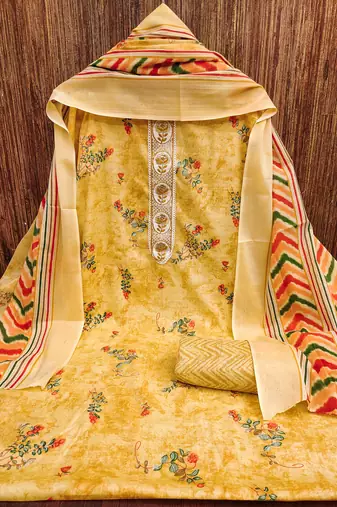Women's beige embroiderd cotton dress material