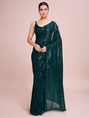 Embellished green color  bollywood georgette saree with unstiched blouse 2