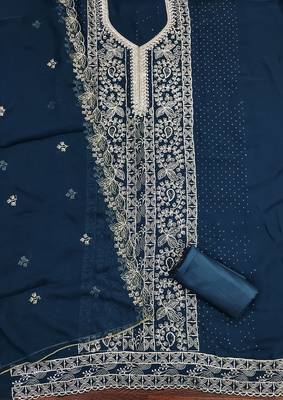Women's teal blue embroiderd georgette dress material 2