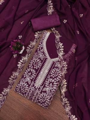 Women's purple embroiderd georgette dress material 1